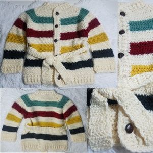 Crocheted Hudson Bay Striped & Belted Cardigan-6